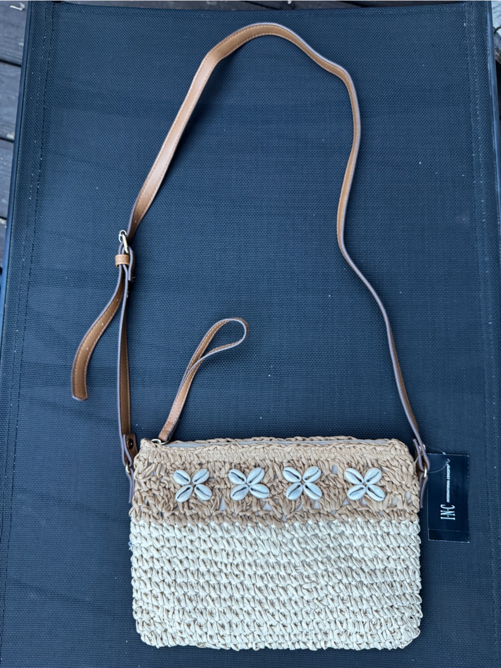 Straw Shell-Trim Crossbody Bag - Natural / Brown NWT